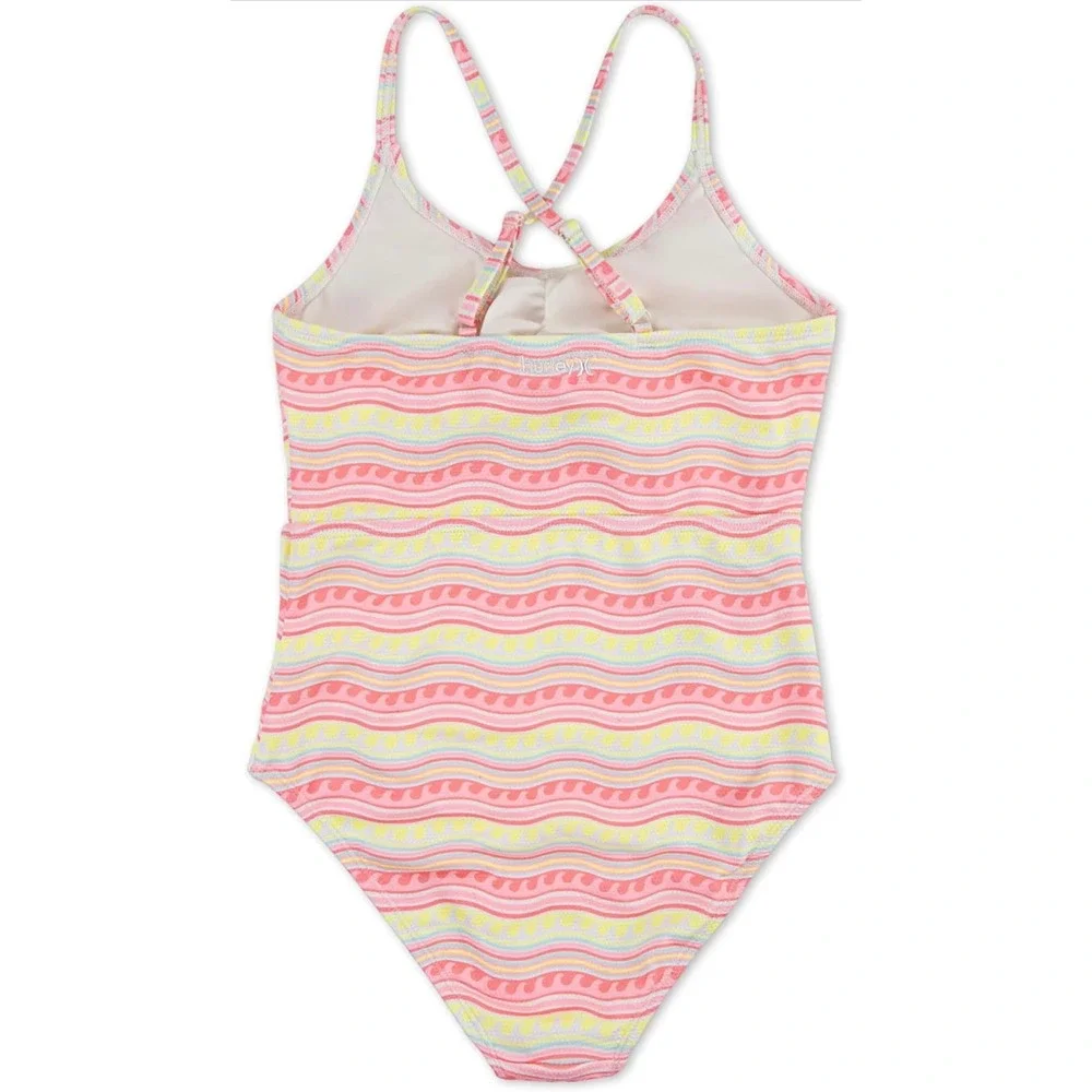 NWT Hurley Girls Pink Flamingo Wavy Stripe Cut Out One Piece Swimsuit Size 14